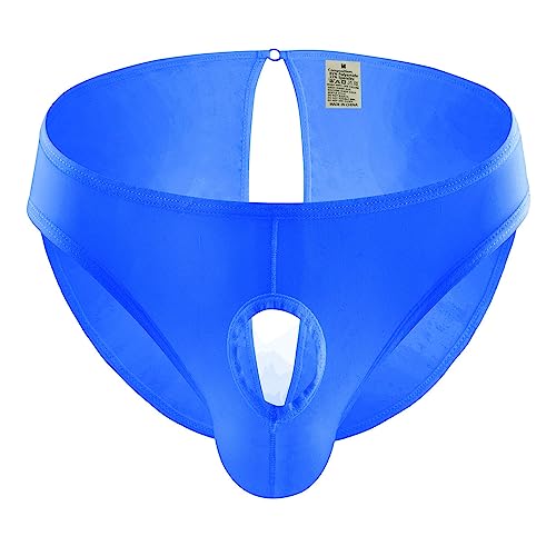 Men's Hole in Front Thongs Lingerie, Bulge Enhancing G-String Pouch Soft Fun Trunks Blue X-Large