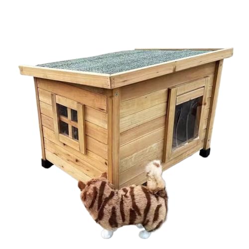 猫 ハウス 犬小屋 屋外 室内 防水 おしゃれ 天然木製 透明窓 ドアカーテン付き ペットハウス 防寒 雨よけ 防風 通気性 野外 野良猫ハウス 避難所 四季通用 簡単な組み立て (58*45*43cm)