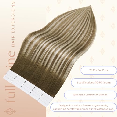 Image of Full Shine Hair Extensions Tape in, Ash Brown Blonde Ombre 20 Inch | 50g 20PCS, Invisible Remy Human Hair Tape in Extensions, Straight Remy Finish Soft Silky Medium Brown Blonde Look