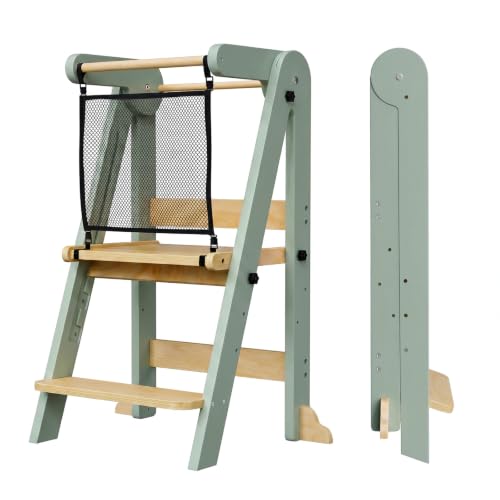 Image of ROOMTEC Foldable Toddler Kitchen Tower, 3 Adjustable Height Wooden Step Stool, Toddler Standing Tower with Safety Net (Green)