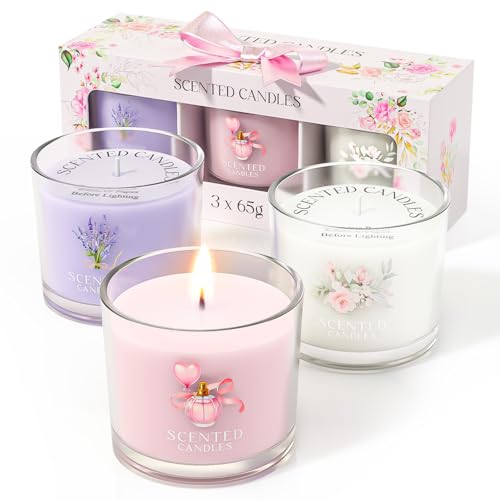 Scented Candles, Scented Candle Gift Set for Stress Relief, 3 Votive Candles for Women and Men, Birthday Candle Gifts for Women, Christmas Candles for Women (Pink + Purple + White, 7 oz)