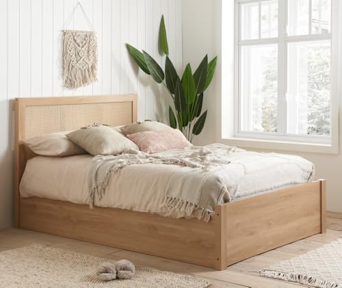 happybeds Ottoman Storage Bed, Croxley Oak Wooden Rattan Ottoman Storage Bed (Oak, 4FT6 Double - Frame Only)