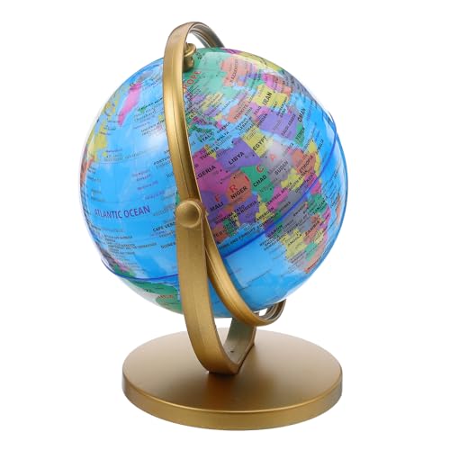 JECOMPRIS Globo Terráqueo de Escritorio Decorativo Azul 14,2 Cm Soporte Metálico Dorado, Globo de Aprendizaje para Aula y Oficina, Mapa del Mundo Detallado en Inglés, Bola Geográfica