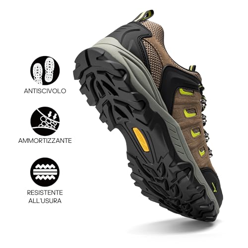 NORTIV 8 Men's Waterproof Hiking Shoes Leather Low-Top Hiking Shoes for Outdoor Trailing Trekking Camping Walking,Size 11,Black/Brown/Yellow,Quest-1