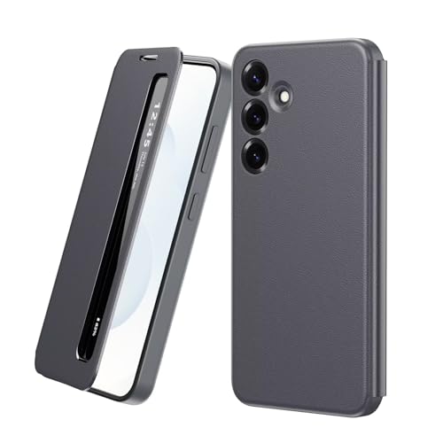 Étui Samsung S25 FE en cuir avec fenêtre intelligente et support gris
