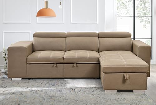 THSUPER 102'' Microfiber L Shaped Sectional Sleeper Sofa Couch with Pullout Bed and Storage Chaise, Convertible Couches with Adjustable Headrest for Living Room, Reversible Chaise. Light Brown