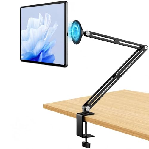 Magnetic Tablet Holder Stand for iPad Desk Aluminum Alloy Tablet Clamp Holder Overhead Arm Mount Portable Monitor Arm w/ 360°Rotate Base for Magsafe iPad Mini Air Pro Samsung Google Kindle Accessories