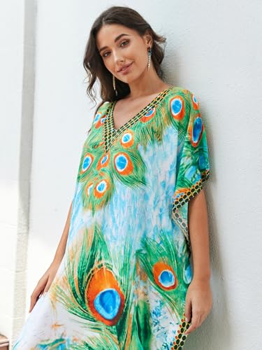 Image of IMAGEKOPE Women's Plus Size Loose Fit Moroccan Print V-Neck Batwing Kaftan Beach Dress Bathing Suit Cover Up