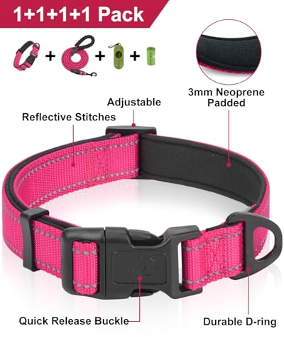 Dynmeow Reflective Dog Collar and Leash Set, 6FT Strong Climbing Rope Leash with Padded Handle, Adjustable Pet Collar with Soft Neoprene Padding for Large Dogs, Hot-Pink, L - Image 2