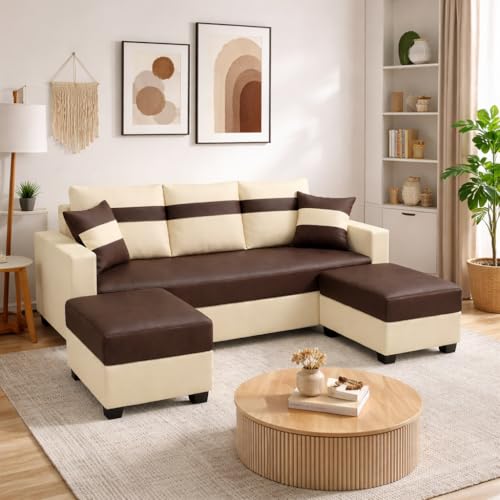 Image of SOCOZI Bastian 5 Seater L Shape Sofa Set with 2 Movable Ottomans | Flexible Layout | Premium Leatherette with Golden Metal Legs |Sofa for Living Room (Dark Brown-Cream)