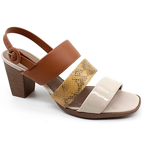 SANDÁLIA CASUAL PICCADILLY TIRAS NAPA VERNIZ COBRA SALTO BLOCO OCRE AÇAFRÃO FEMININA