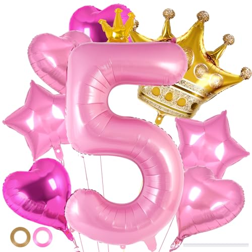 Princess Birthday Balloons, Pink 40 Inch Crown Number 5 Balloon Set, Crown Foil Balloons for Girls Princess 5th Birthday Party Decorations Supplies (Number 5)