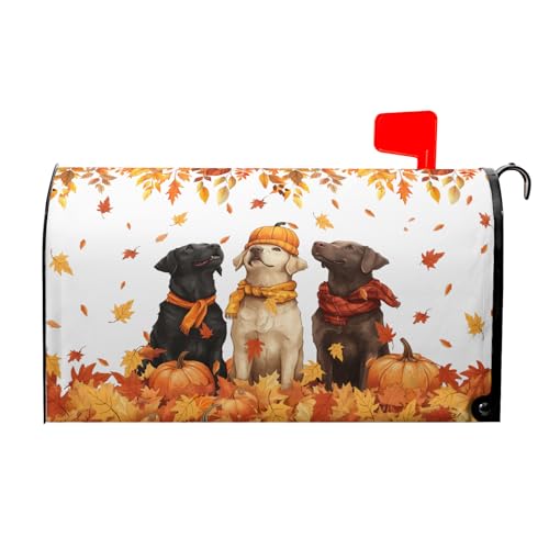 Image of Fall Dog Mailbox Cover Magnetic Large Size Autumn Themed Pumpkins Maple Leaves Puppy Print Mailbox Wrap Letter Post Cover 25.5x21Inch for Garden Yard Outside Outdoor Seasonal Decor