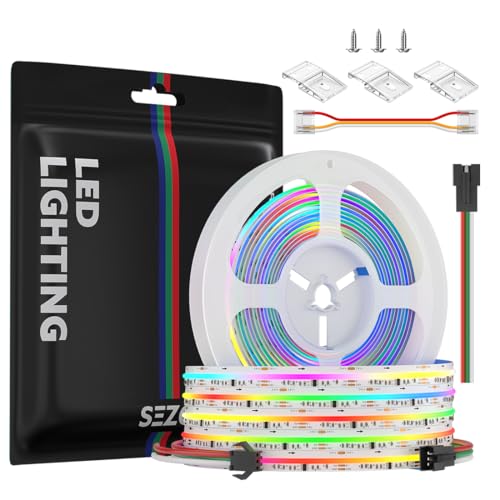 Image of SEZO WS2811 IC RGB COB LED Strip Lights Addressable 16.4FT 864LEDs /M DC24V 12mm Width High Density Uniform CRI 90+ IP30 Color Chasing RGB FCOB LED Tape for Home Decor DIY(No Adapter & Controller)