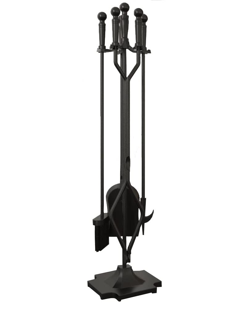 Juego de herramientas de chimenea de hierro forjado negro, 5 piezas, para estufa de leña, pinzas de tronco, accesorios de chimenea de alta resistencia 9