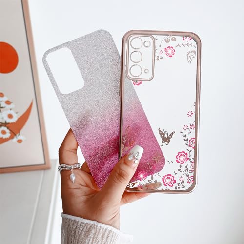 Image of for Note 20 Case,Galaxy Note 20 Case for Women Gradual Change Glitter Crystal Soft TPU Stylish Butterfly Floral Heart Clear Protective Cover with Strap for Samsung Note 20 (Rose Gold)