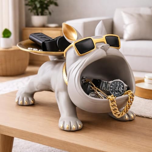 Image of Cool Bulldog Key Bowl & Accessory Tray - Matte Black & Gold Resin Dog Sculpture Multifunctional Organizer Showpiece for Keys Watches & Candy (Grey Gold, Dog with Tail Plate)