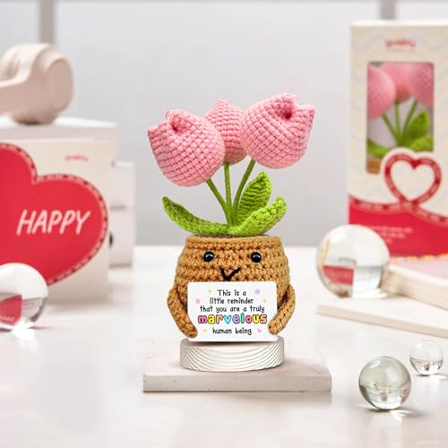 Image of Gossby Handmade Positive Tulip Flower Crochet - This is A Little Reminder - Inspirational Gift for Women - Thank You, Appreciation, Positive Gift for Teacher, Mom, Friend, Coworker - Knitted Decor