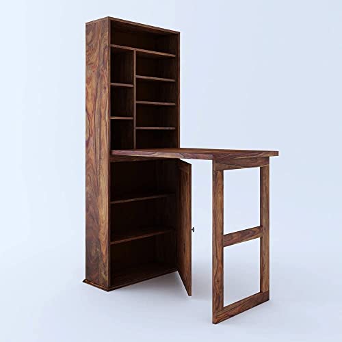 Image of Royal Wood Sheesham Solid Wood Wall Mounted Foldable Study Table with Storage Racks for Adults & Students for Home & Office - Natural Finish