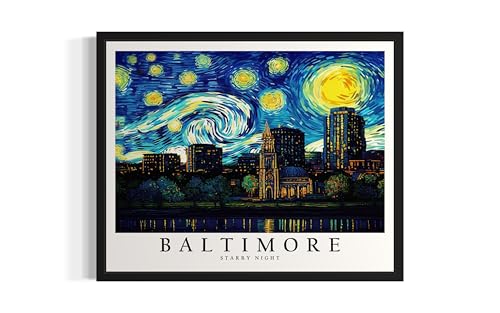 Baltimore Unframed Art Print Poster, Van Gogh Starry Night Theme Wall art Painting Decor, Art Home Skyline Artwork For Bedroom, Bathroom, Living Room 51 (Baltimore, 14"L x 11"W, Unframed)