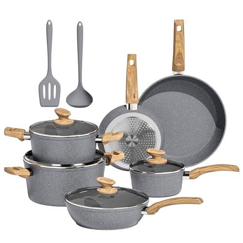 Kitchen Academy Set di pentole e padelle, 12 pezzi, con rivestimento antiaderente, set di pentole e padelle per induzione, fornelli a gas e microonde, grigio, KA-CS01-001