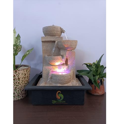 Image of Decorative Table Top Water Fountain for Home Decor /Office /Indoor & Outdoor /Garden /Puja Room /Vaastu with Multicolor LED Light and Adjustable Water Pump (Yellow-D-025)
