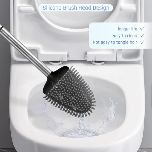 Image of Sellemer Silicone Toilet Brush, Ventilation Slots Base Holder 3 Pack, Black | Flexible Bristles Flat Head for Rim, Hair Tangle-Free, Easy to Clean, Compact Design, Rustproof Handle, for Toilet /Sink /Tub