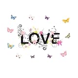 Adesivo Murale con Scritta LOVE, Fiori Rosa e Farfalle Colorate – Decorazione Romantica per Camera da Letto, Soggiorno, Studio o Ingresso – Design Moderno e Poetico