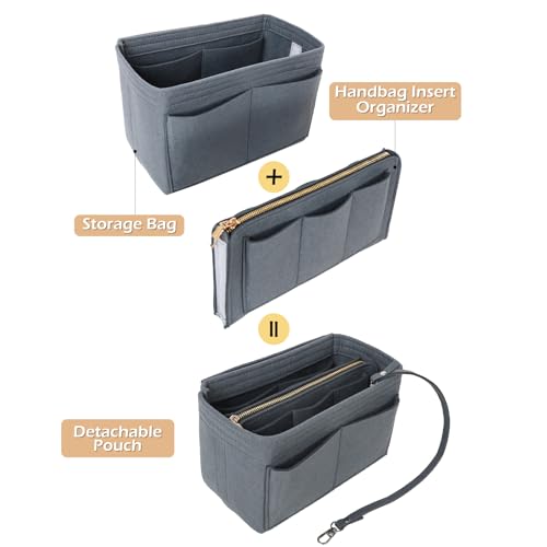 Surblue Purse Organizer Insert for Handbags, Felt Bag Organizer, Tote Bag Organizer, Tote Shaper Insert With Zippers, Thicken and Portable Handbag in Bag for Speedy Neverfull PM MM, (Newgray, S) - Thumbnail 4