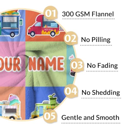 Personalized Food Truck Blanket Gifts with Name - 30x40 Inches Funny Throw Blanket for Boys & Kids - Colorful Soft Fuzzy Car Blankets for Couch & Office