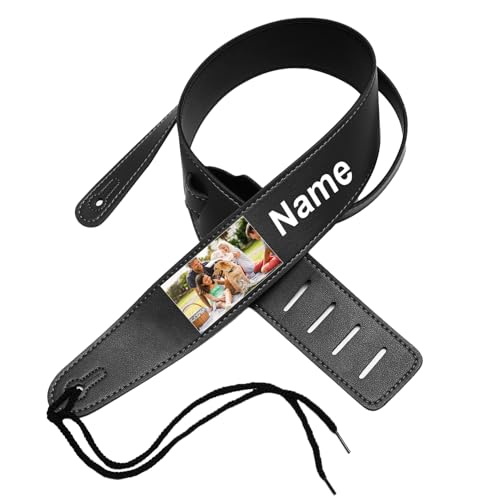 OXYEFEI Gitarrengurt,Personalisierter Gitarrengurt mit Text und Fotos Gitarrengurt Leder für E-Gitarre, ukulele,Westerngitarre oder Bass Geschenk für Musikliebhaber (Schwarz)