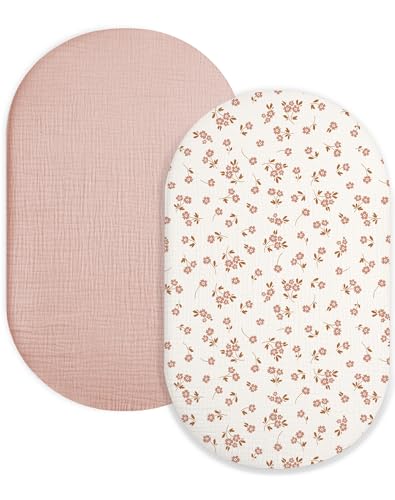 Image of Bassinet Sheet for Baby Boy and Girl 2 Pack, Fitted Sheets for Rectangle, Oval, Hourglass Bassinet Mattress, Muslin Moses Basket Sheets with Neutral Style (Floral & Pink)
