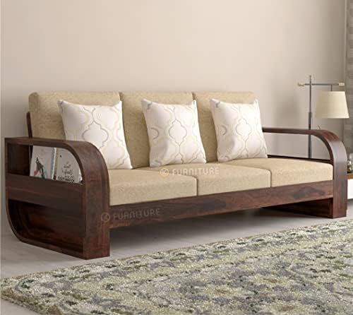 KL Furniture™ Wooden 3 Seater Sofa for Living Room | Solid Wood Sofa Set for Home & Office | Wooden Sofa Set | Sheesham Wood, Honey Finish, Brown