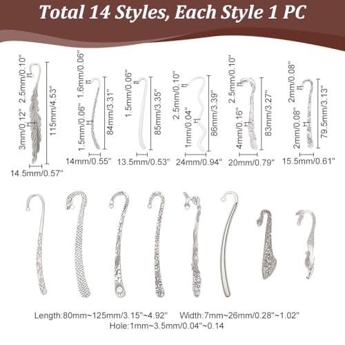 UNICRAFTALE 14pcs 14 Styles Tibetan Style Alloy Bookmarks Findings Antique Silver DIY Vintage Bookmark Unique Carved Hook Pendant Charm Book Marker with Loops for Book Lover DIY Project Gift - Image 3