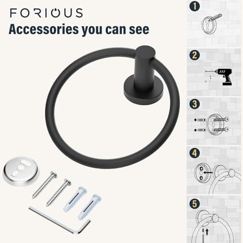 Image of FORIOUS Towel Ring, SUS304 Stainless Steel Modern Hand Towel Holder Rack Hanger Round for Bathroom Wall Mounted, Ideal for Bath, Kitchen, RV (2 Pack, Matte Black)