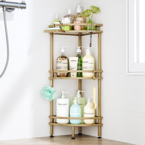 Image of HapiRm Standing Corner Shower Caddy - 3 Tier Shower Organizer Corner with Soap Holder and 4 Hooks, Rustproof Bathroom Storage Shelves with Adhesives, Gold