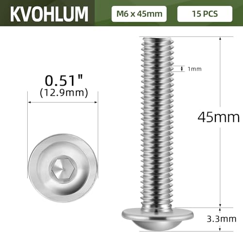 Image of M6-1.0 x 45mm 15 PCS Flanged Button Head Socket Cap Bolts Screws, Stainless Steel 304, Allen Socket Drive, Screwdriver Bit Included, Bright Finish, Fully Machine Thread