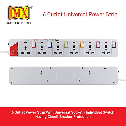 Image of MX 6 Socket Power Strip with Individual Switches, LED Indicator & Child Safety Shutters | Universal Sockets with 1.5 Meter Heavy Duty Cord | Surge Protector Power Extension Board