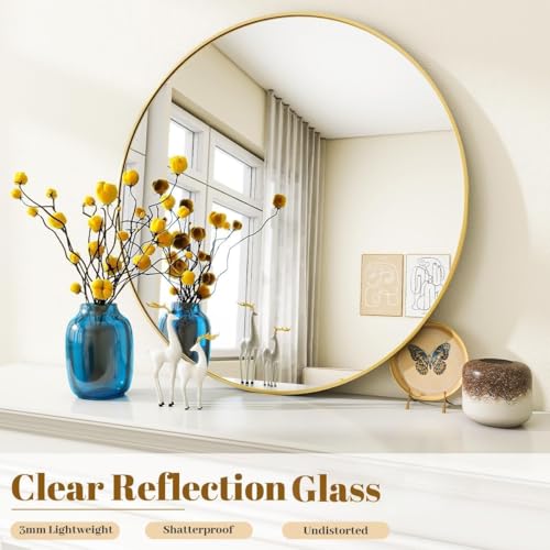 Image of VooBang Black Round Bathroom Mirror, 42 inch Large Circle Wall Mounted Hanging Mirror with Simple Modern Circular Metal Frame for Hallway, Entryway, Living Room, Gold Frame