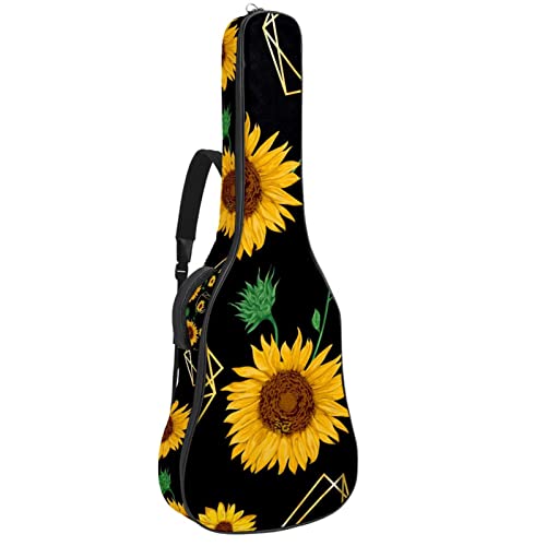 アコギギターケースギグバッグ ポケット付き 黄色のひまわり幾何学的な黒ソフトケース リュック型防水オックスフォード布 手提げ セミハードケー