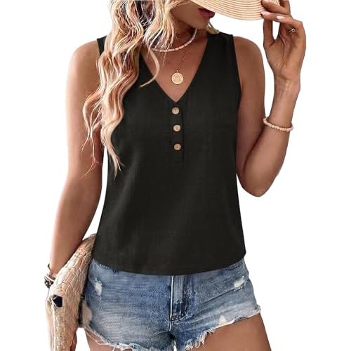 AKEWEI Womens Linen V Neck Tank Top Sleeveless Cute Summer Tops for Women 2026 Beach Vacation Outfits Black X-Small