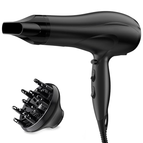 Secador de Pelo Iónico Profesional 2400W con Difusor y Boquilla, Secado Rápido con Ajustes de Aire Frío y Caliente para Todo Tipo de Cabello