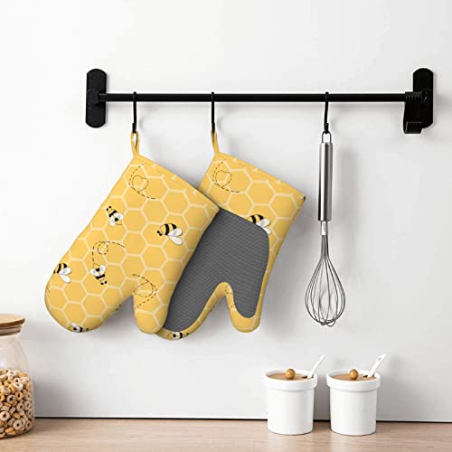 1 Pair Durable Funny Honey Bees Kitchen Silicone Oven Mitts, Yellow Beehive Heat Resistant Lining Fabric Pot Holder Gloves For Bbq Cooking Baking #TOP2