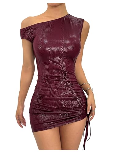 Milumia Women's Off Shoulder Pu Leather Mini Dress Sexy Drawstring Ruched Party Club Short Dresses