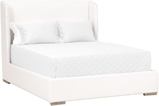 Pemberly Row Upholstered Wingback Fabric King Bed Frame, LiveSmart Peyton-Pearl White Finish, Solid Oak Legs, Stain Resistant, 54.5"H x 82"W x 87"D, Transitional Style Bedroom Furniture with Slanted