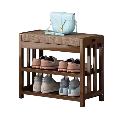 Banc à chaussures en bois massif marron à 3 niveaux avec assise rembourrée confortable