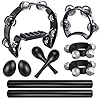 10 Pcs Black Tambourines for Adults - Half Moon Tambourine, Wood Rhythm Sticks, Bells Tambourine, Wrist Bells, Egg Shakers, a Pair Maracas, Musical Percussion Instrument Set for Church,Party