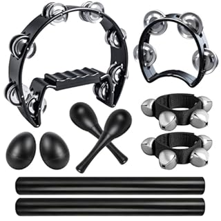 10 Pcs Black Tambourines for Adults - Half Moon Tambourine, Wood Rhythm Sticks, Bells Tambourine, Wrist Bells, Egg Shakers, a Pair Maracas, Musical Percussion Instrument Set for Church,Party