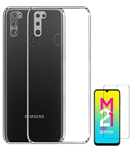 Image of Soft Flexible Silicone Back Cover Compatible with Samsung Galaxy M21 2021, Transparent Case + Screen Guard