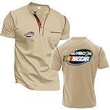 Camisas Henley De Hombre Camisetas para N.A.SC.A.R Polos Cuello Redondo Bolsillo Delantero Patchwork Manga Corta Camisetas Ligeras Informales Beige-1 XXL